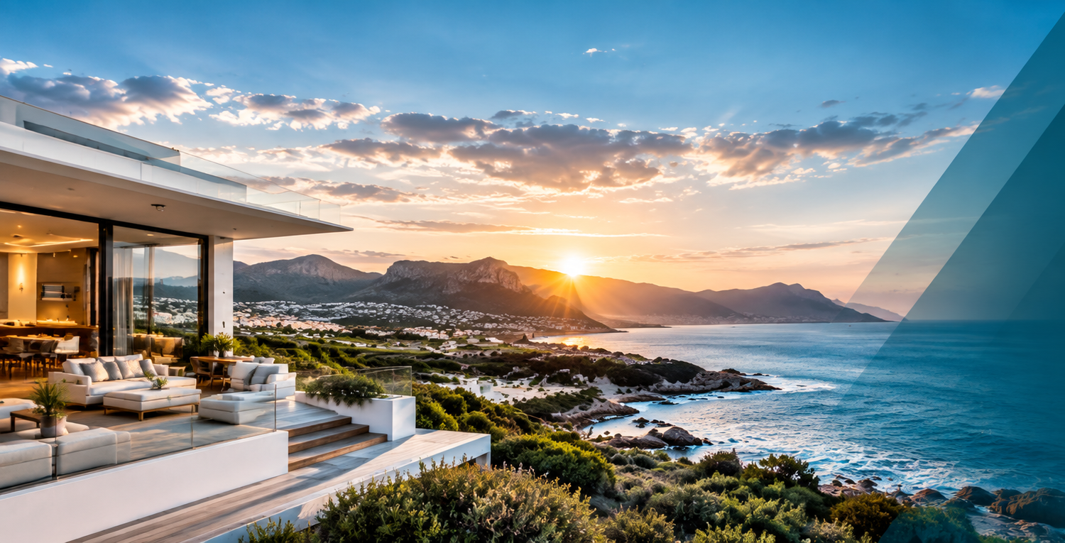Coastal home overlooking the Overberg coastline at sunset